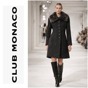 Club Monaco Rania Coat Womens M Gray Wool Blend Faux Fur Collar Button